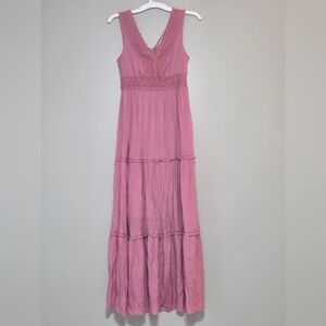 Rebellion Again Mauve/Pink Tiered Maxi Dress Crochet Lace Trim Boho Prairie Sz S